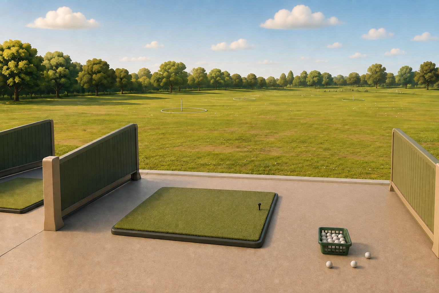 Clay-style illustration of an empty public driving-range bay with a hitting mat, ball basket, dividers, and range targets